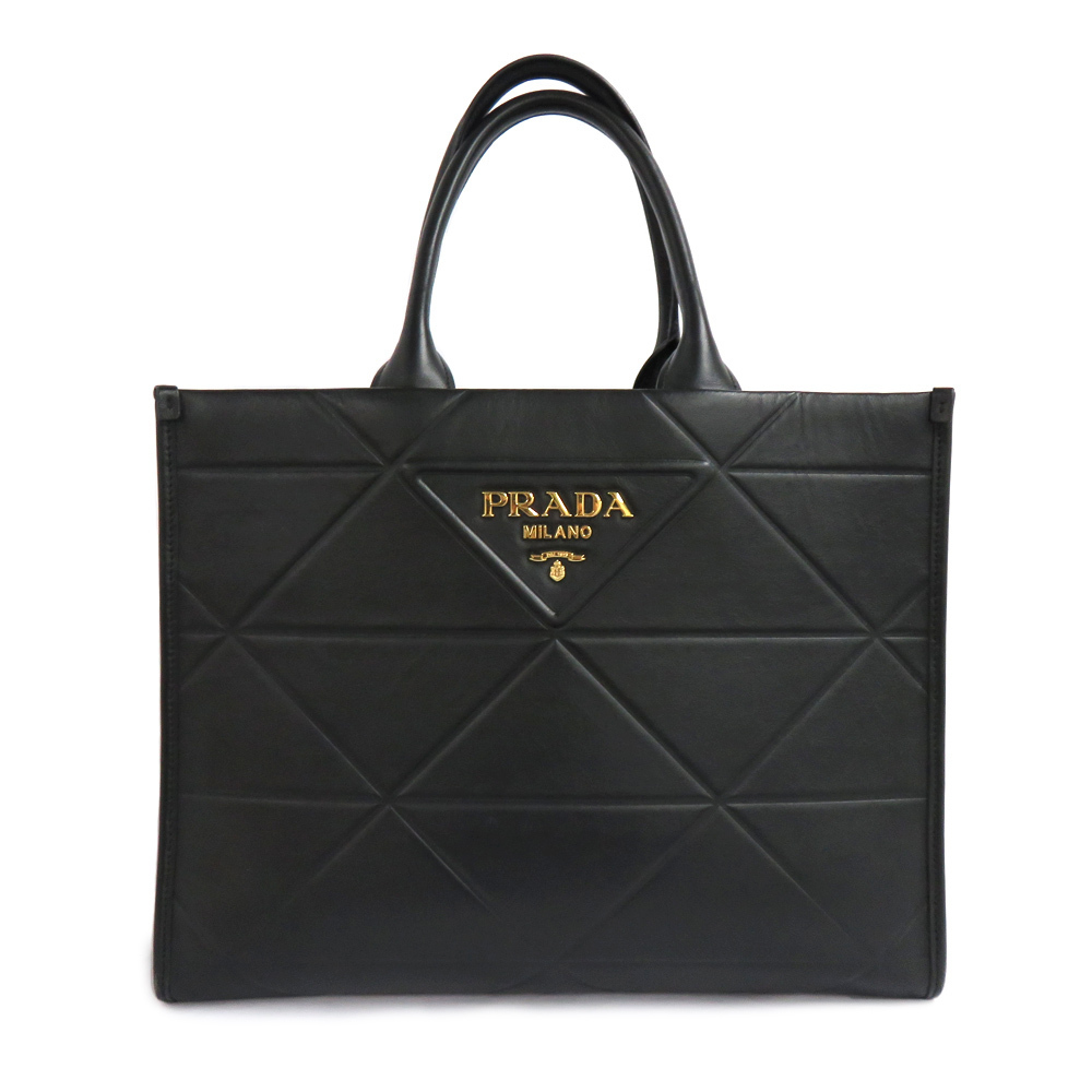Prada Top Stitch Leather Medium Bag Tote Bag Black